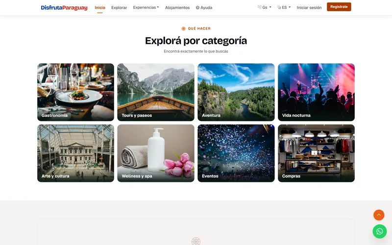 Sección «Explorá por categoría» de disfrutaparaguay.com