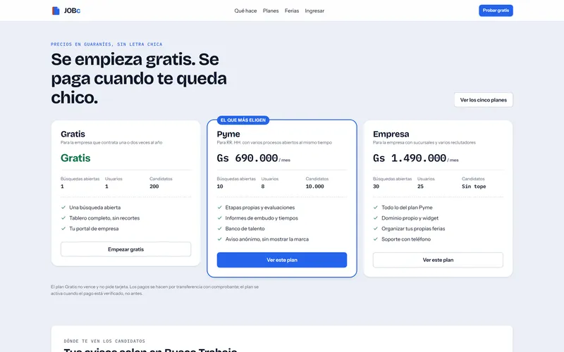 Sección «Se empieza gratis. Se paga cuando te queda chico» de jobc.com.py