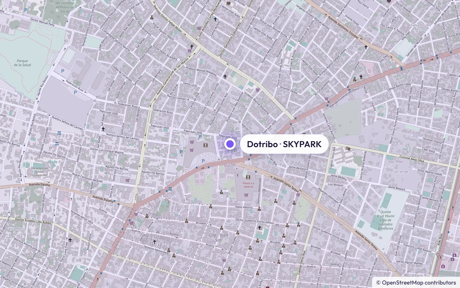 Mapa de la zona de la oficina de Dotribo en el Edificio SKYPARK, entre Papa Juan XXIII y la avenida Aviadores del Chaco, Asunción
