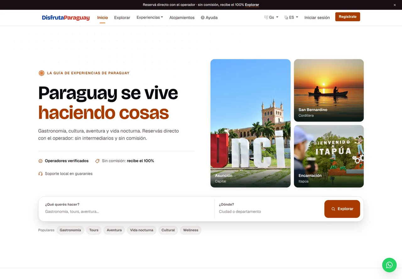 Portada de disfrutaparaguay.com en escritorio: «DisfrutaParaguay — Experiencias, gastronomía y cultura en Paraguay»