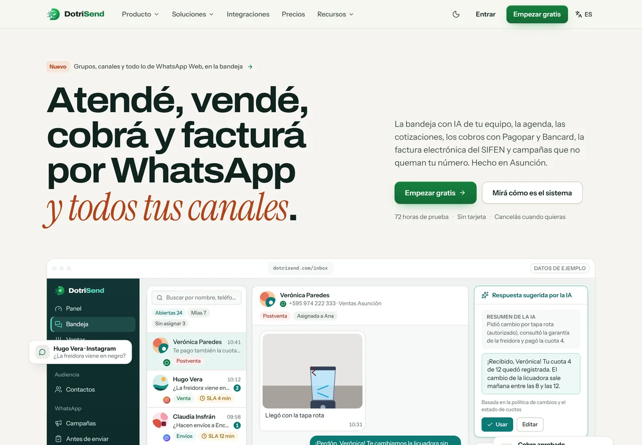 Portada de dotrisend.com en escritorio: «DotriSend · Atendé, vendé, cobrá y facturá por WhatsApp»