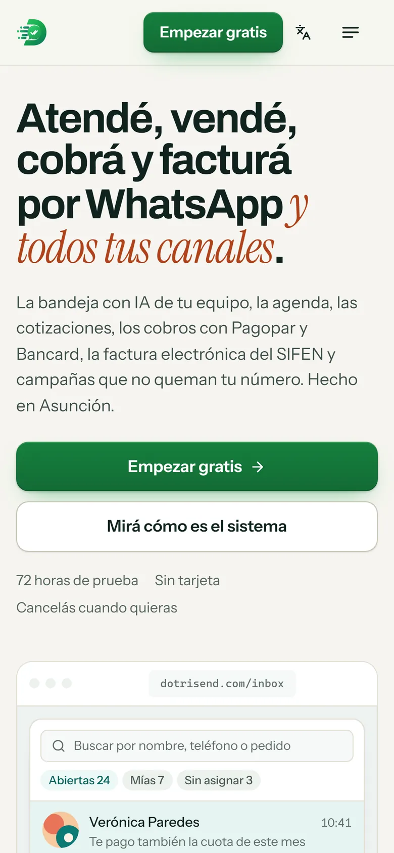 Portada de dotrisend.com en un celular