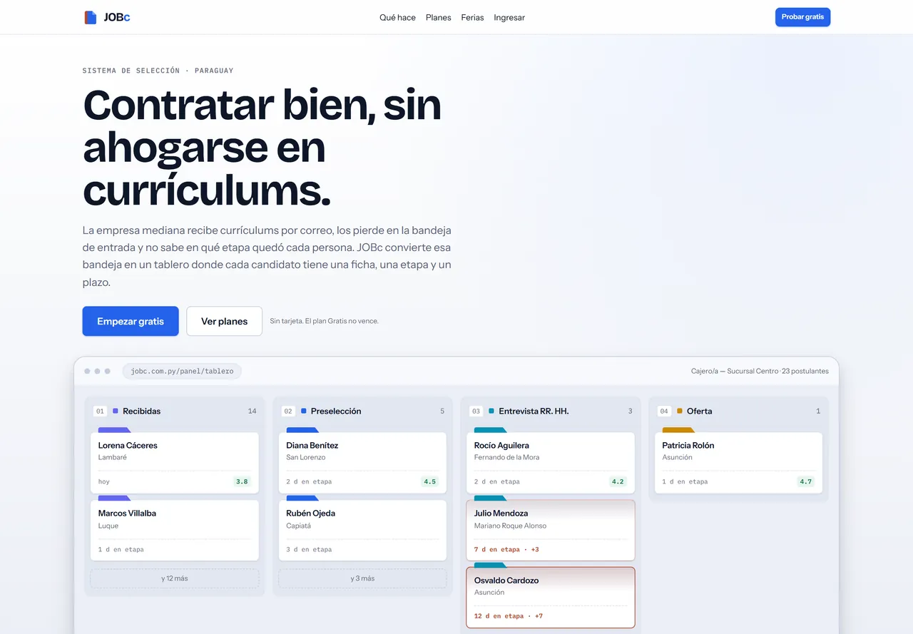 Portada de jobc.com.py en escritorio: «JOBc — Contratar bien, sin ahogarse en currículums»