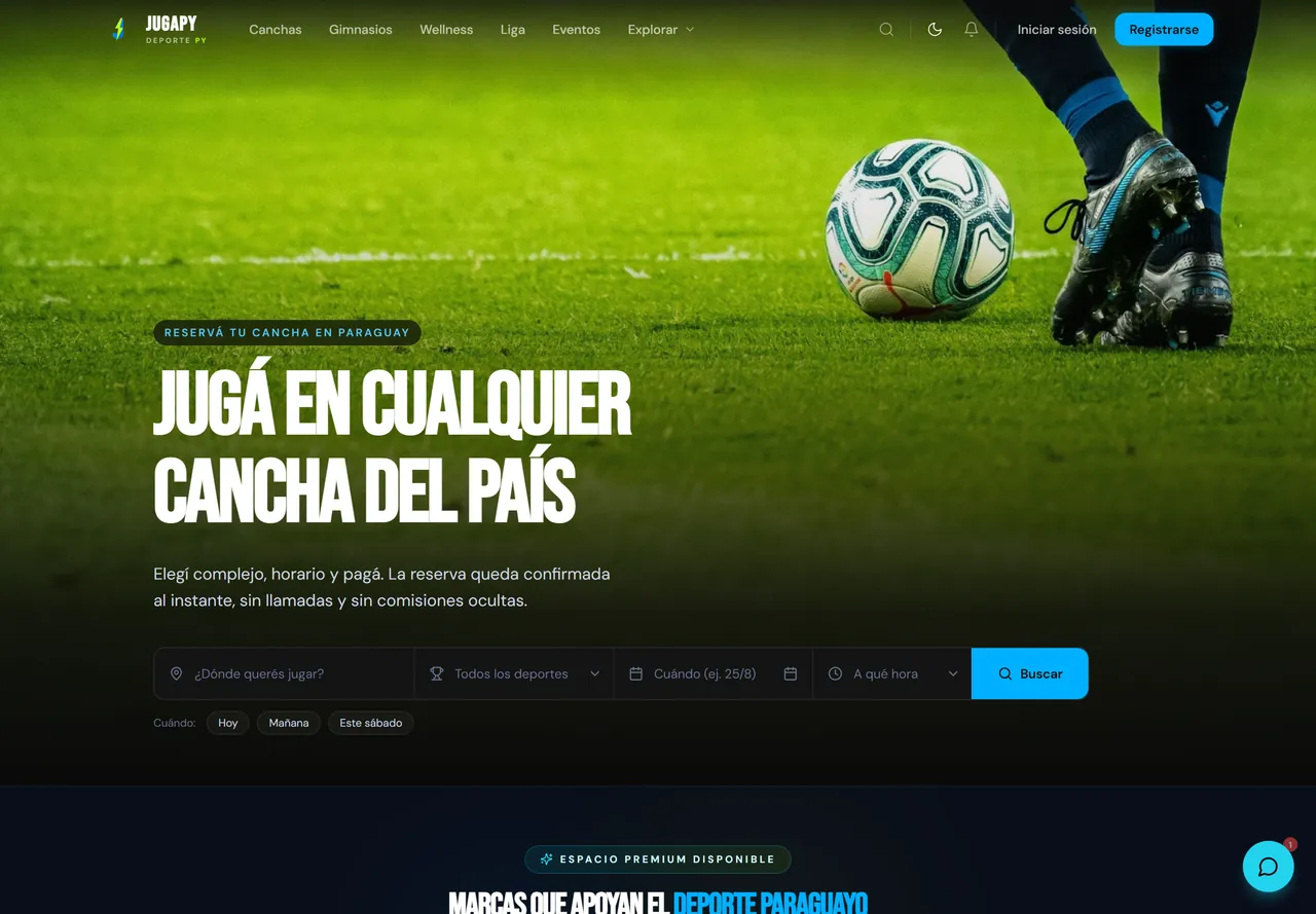 Portada de jugapy.com en escritorio: «JugaPY - Reservá tu cancha deportiva en segundos»