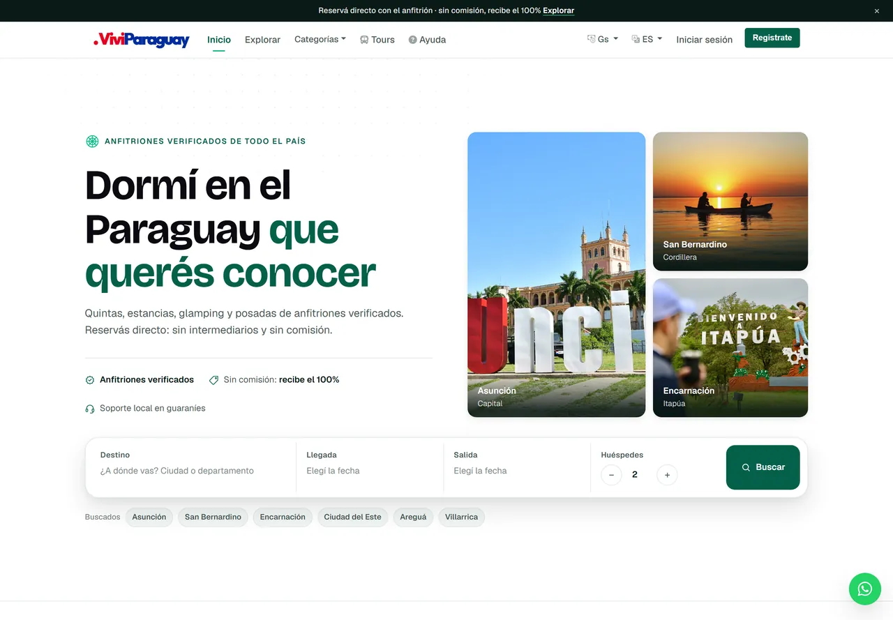 Portada de viviparaguay.com en escritorio: «ViviParaguay — Quintas, estancias y glamping en Paraguay»
